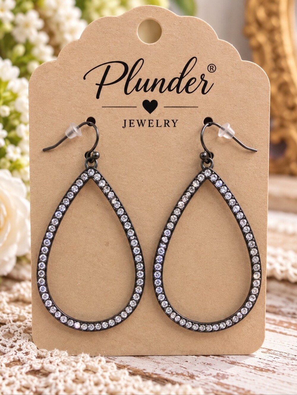 Plunder Rhinestone Teardrop Earrings – Gunmetal 1.5”